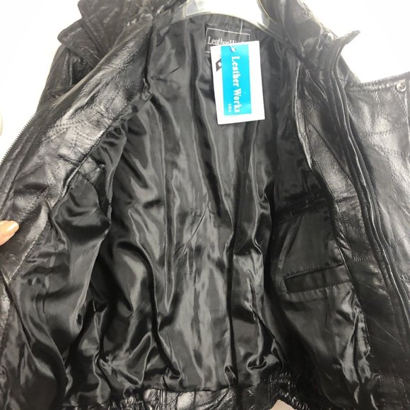 Leather Works U.S.A Made Vintage Black Genuine Patchwork Jacket Coat Mens Size S - Picture 8 of 14